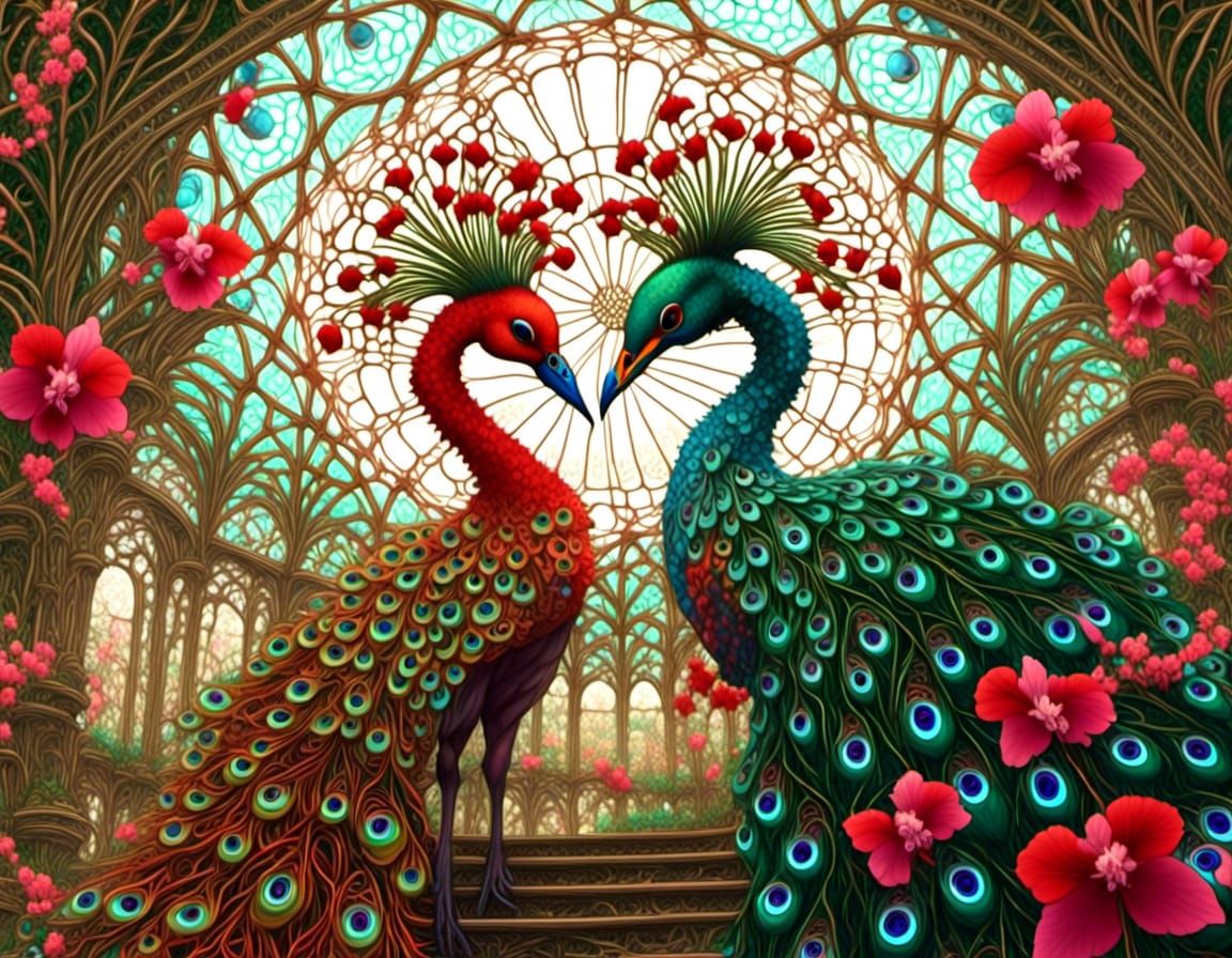 Pheasant and Peacock Kissing in Fractal Garden