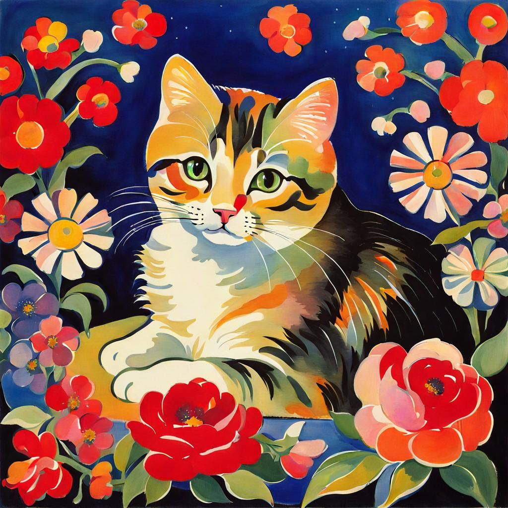 Cute Cat with Flowers in Ballet Russes Style