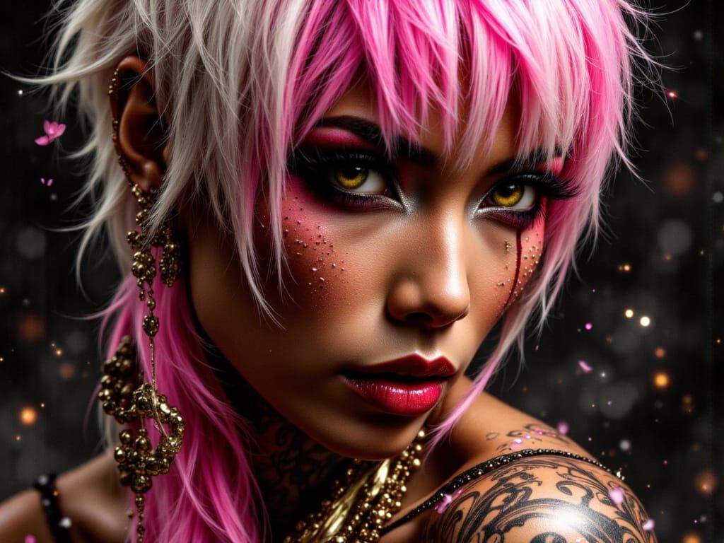 Egyptian Idol with Pink-White Hair in High Contrast