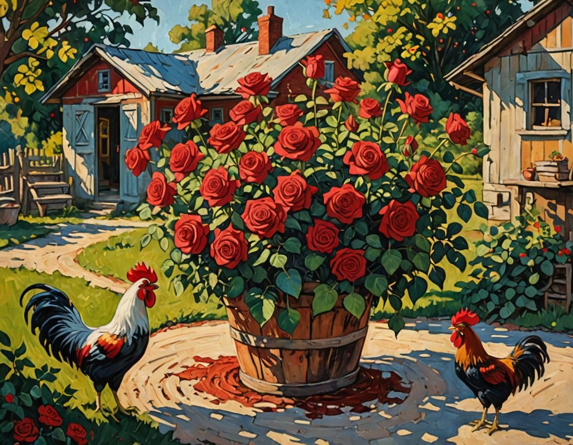 Rooster and Rose in Impasto Style