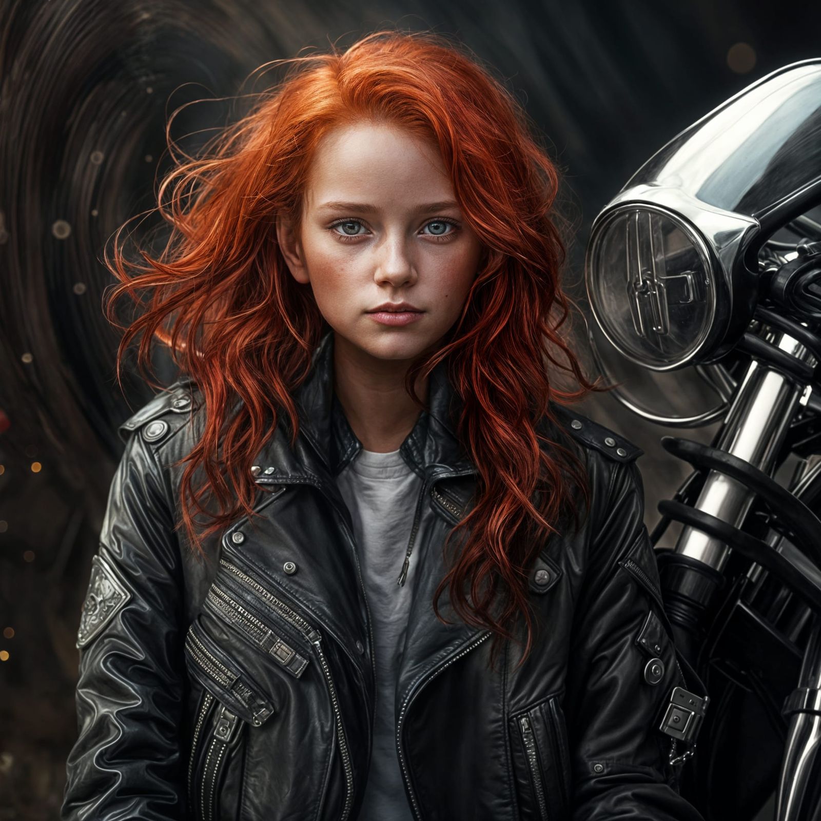 Angel with Red Hair in Motorcycle Jacket