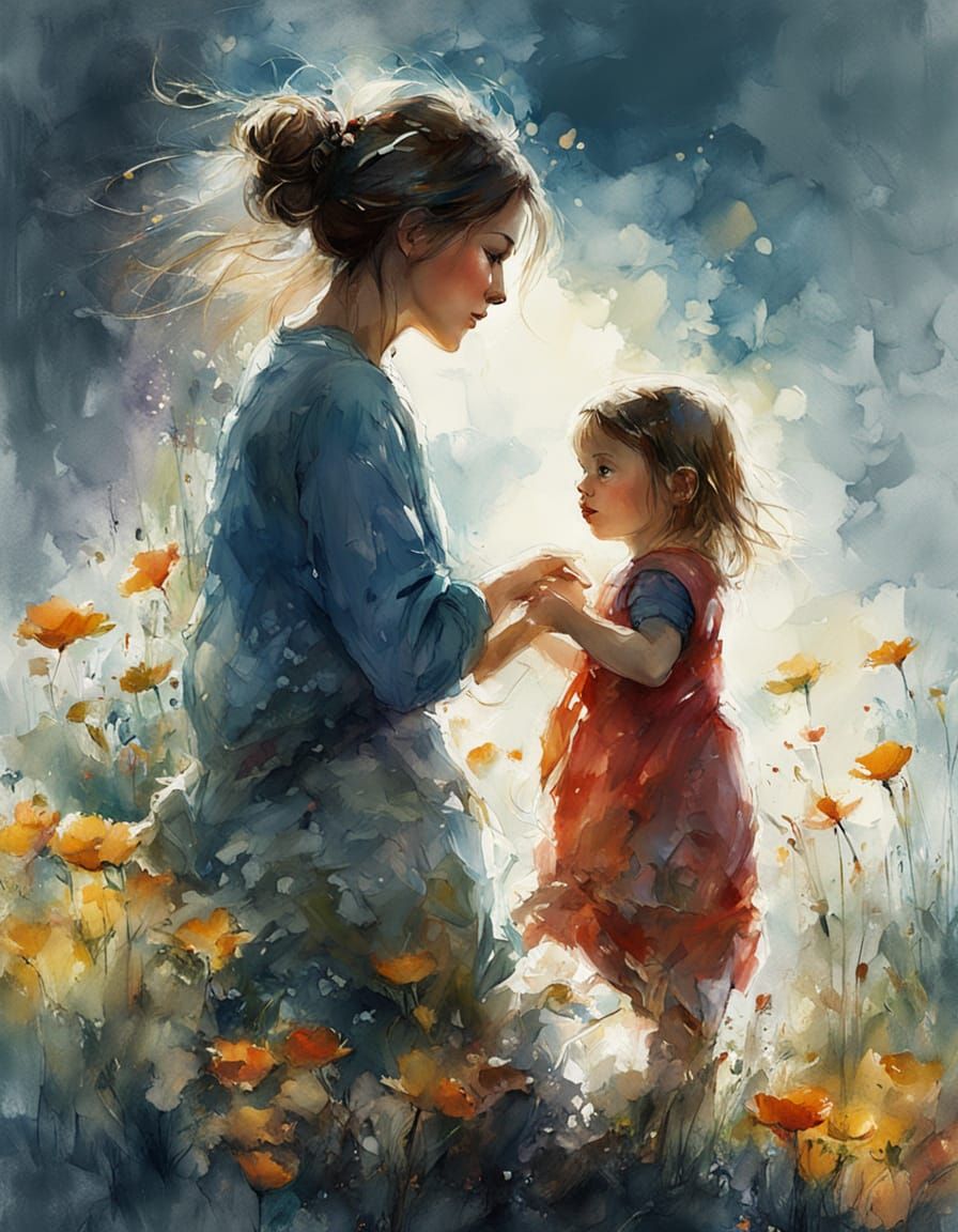 Surreal Watercolor Portrait of Motherly Love in a Vibrant Me...