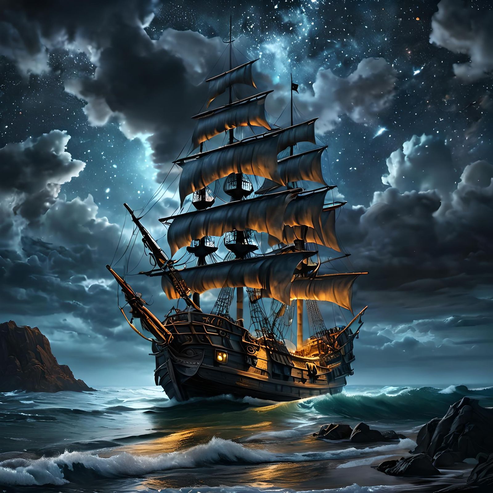 Fantasy Pirate Ship on Starry Sea