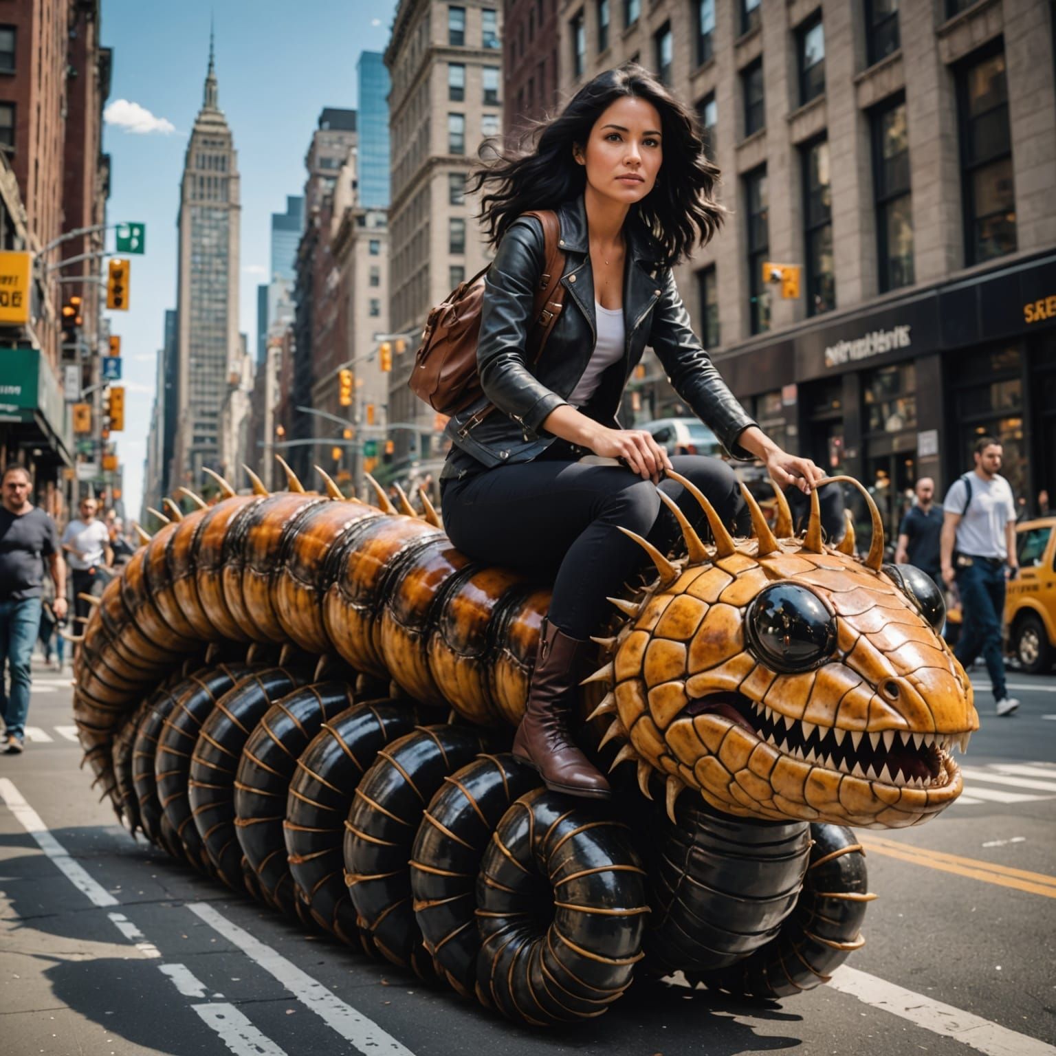 Woman Rides Giant Centipede Through NYC Streets