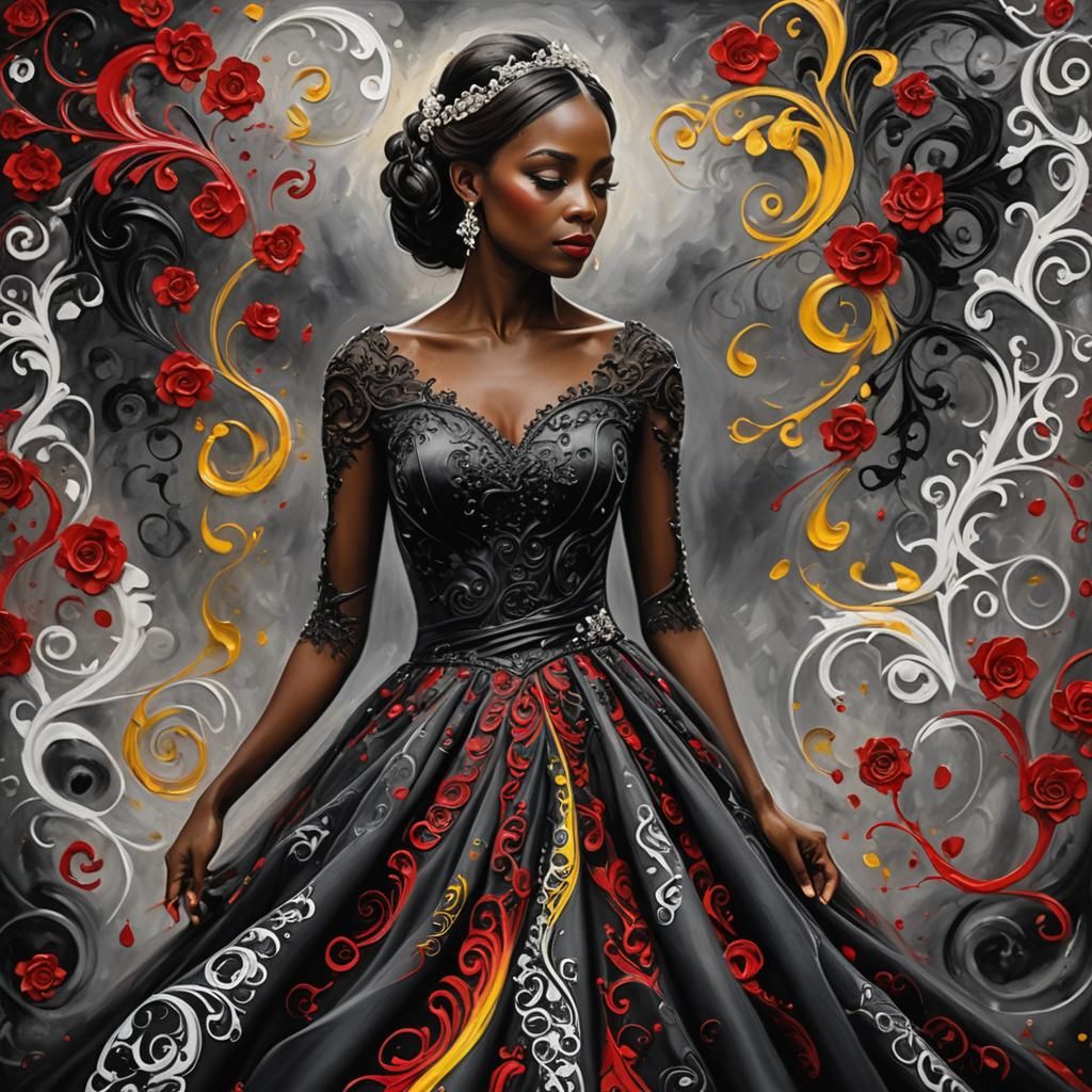 Black Wedding Dress in Glossy Oil Painting Style