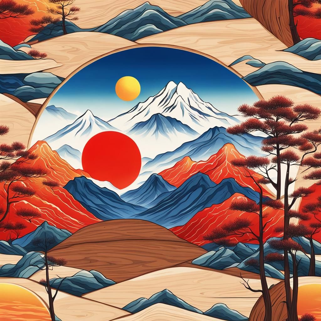 Chinese Painting of Wood Texture Mountains