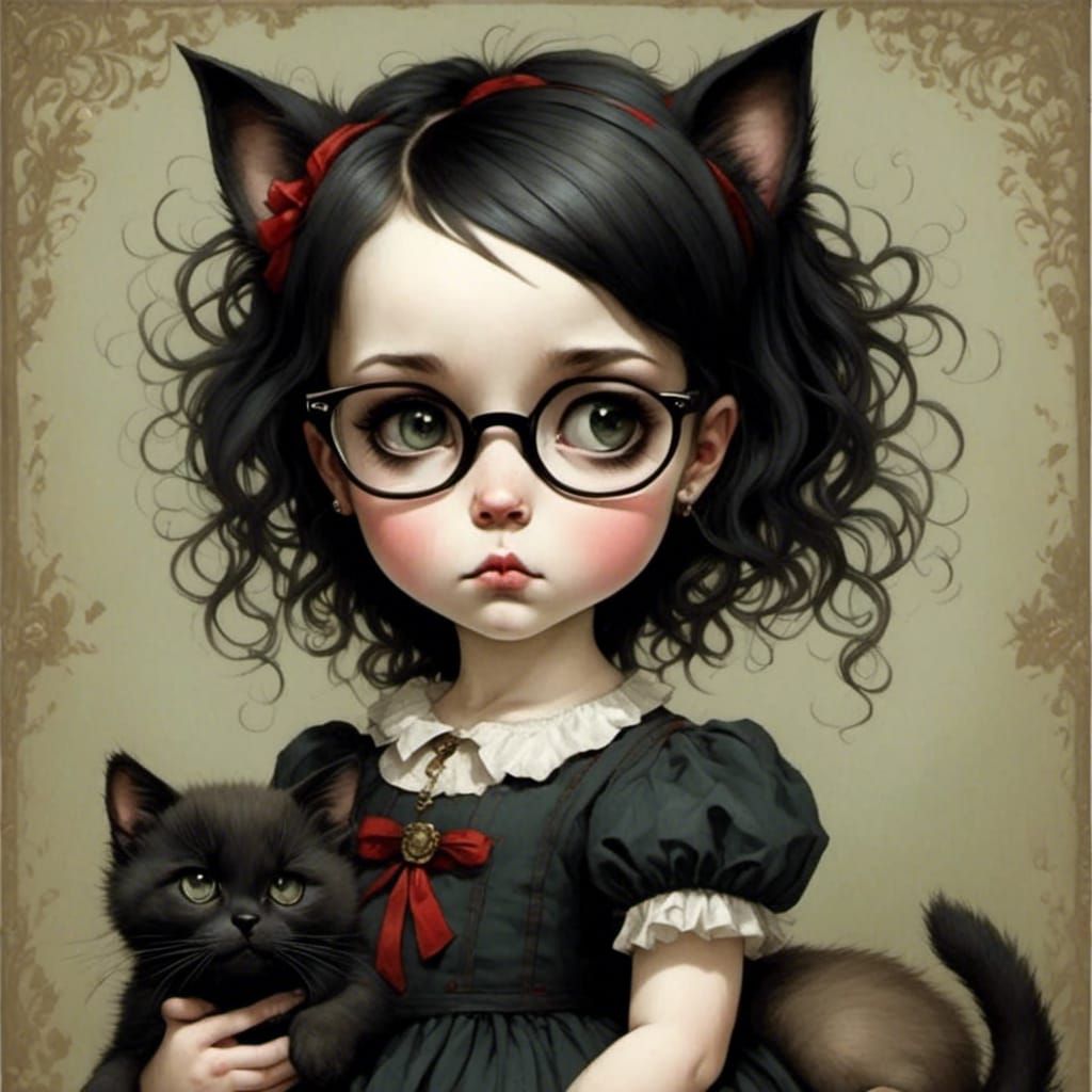 Goth Emo Girl with Cat in Pop Surrealism Style