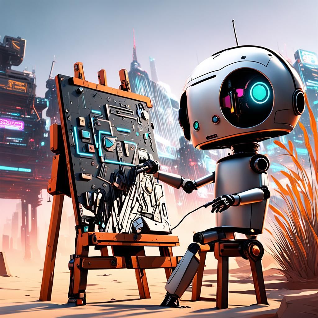 Cute Robot Artist Painting: Cyberpunk 3D Art
