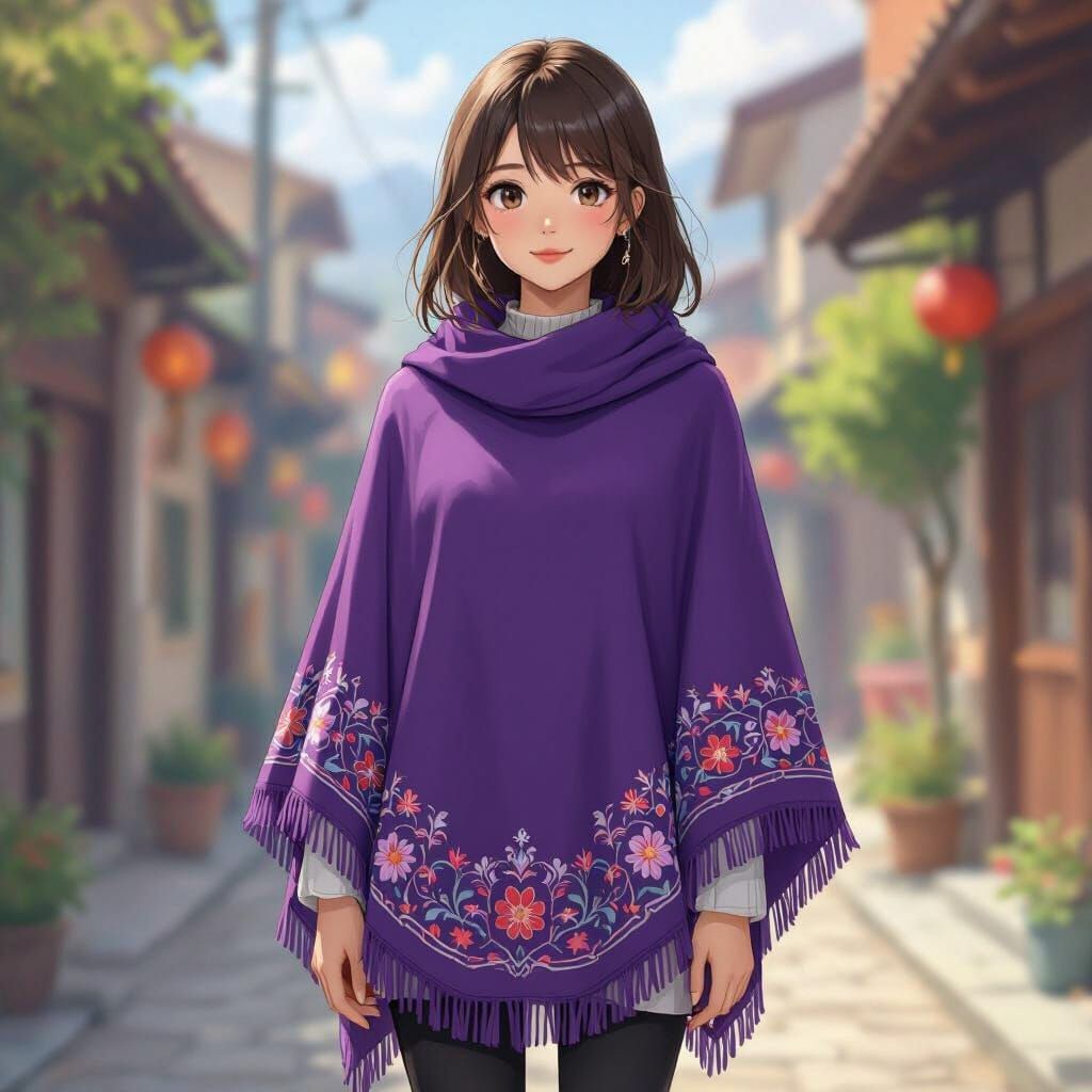 Brunette Girl in Purple Poncho, Anime Style