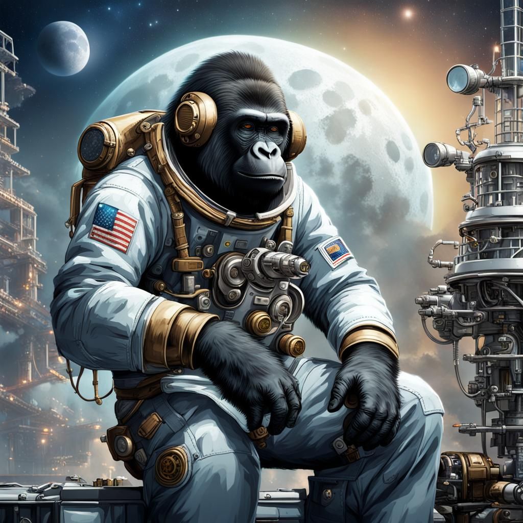 Steampunk Gorilla Mechanic on Moon Base