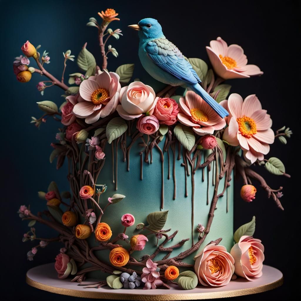 Elaborate Floral Cake Structure with Bird