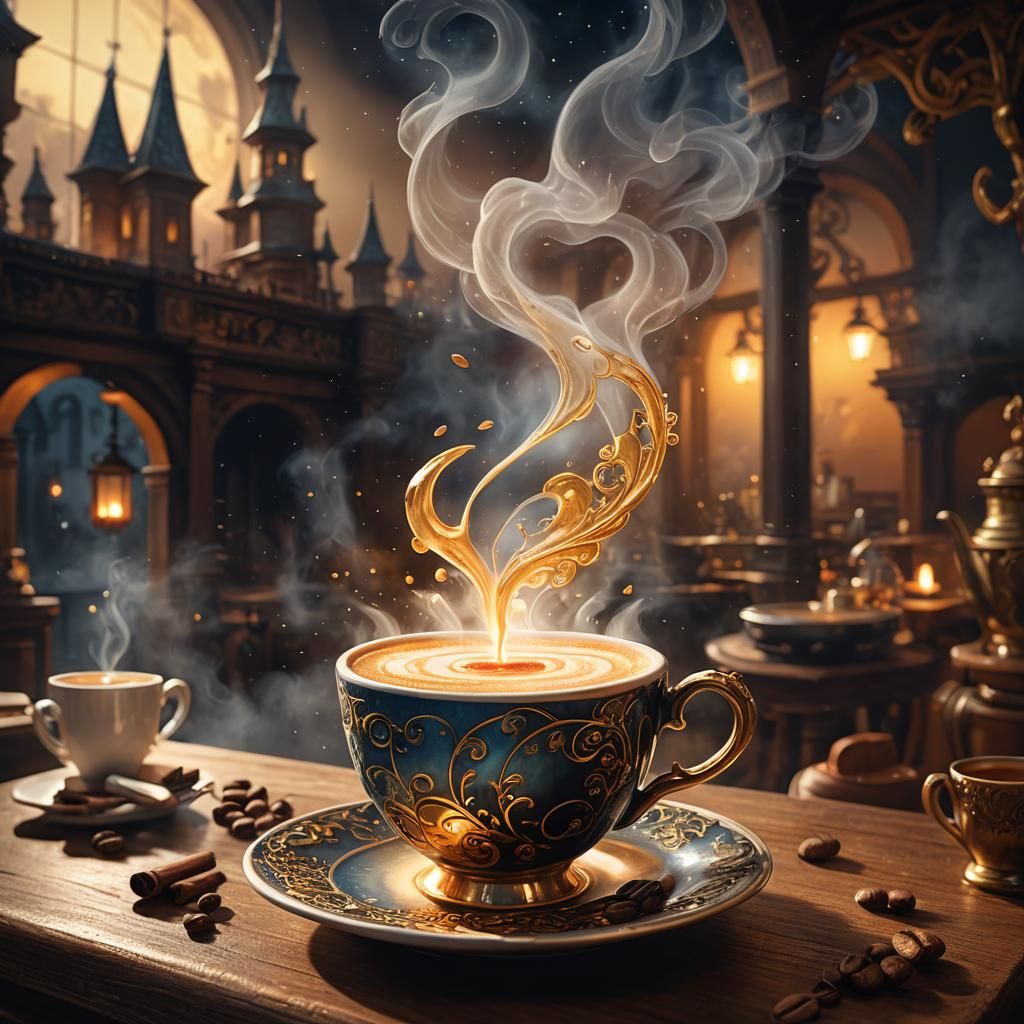 Ornate Coffee Cup in Mystical Moonlight Setting