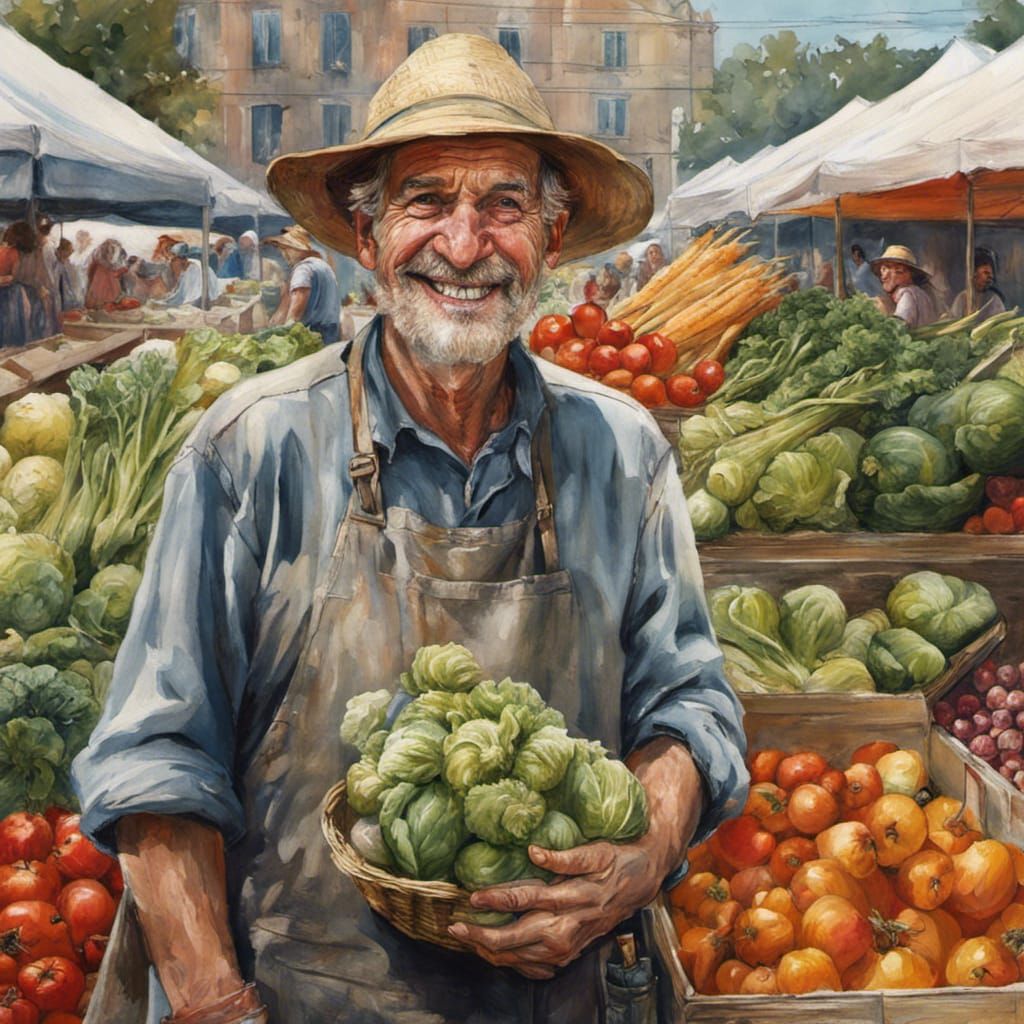Smiling Vegetable Vendor Portrait in Vibrant Colors