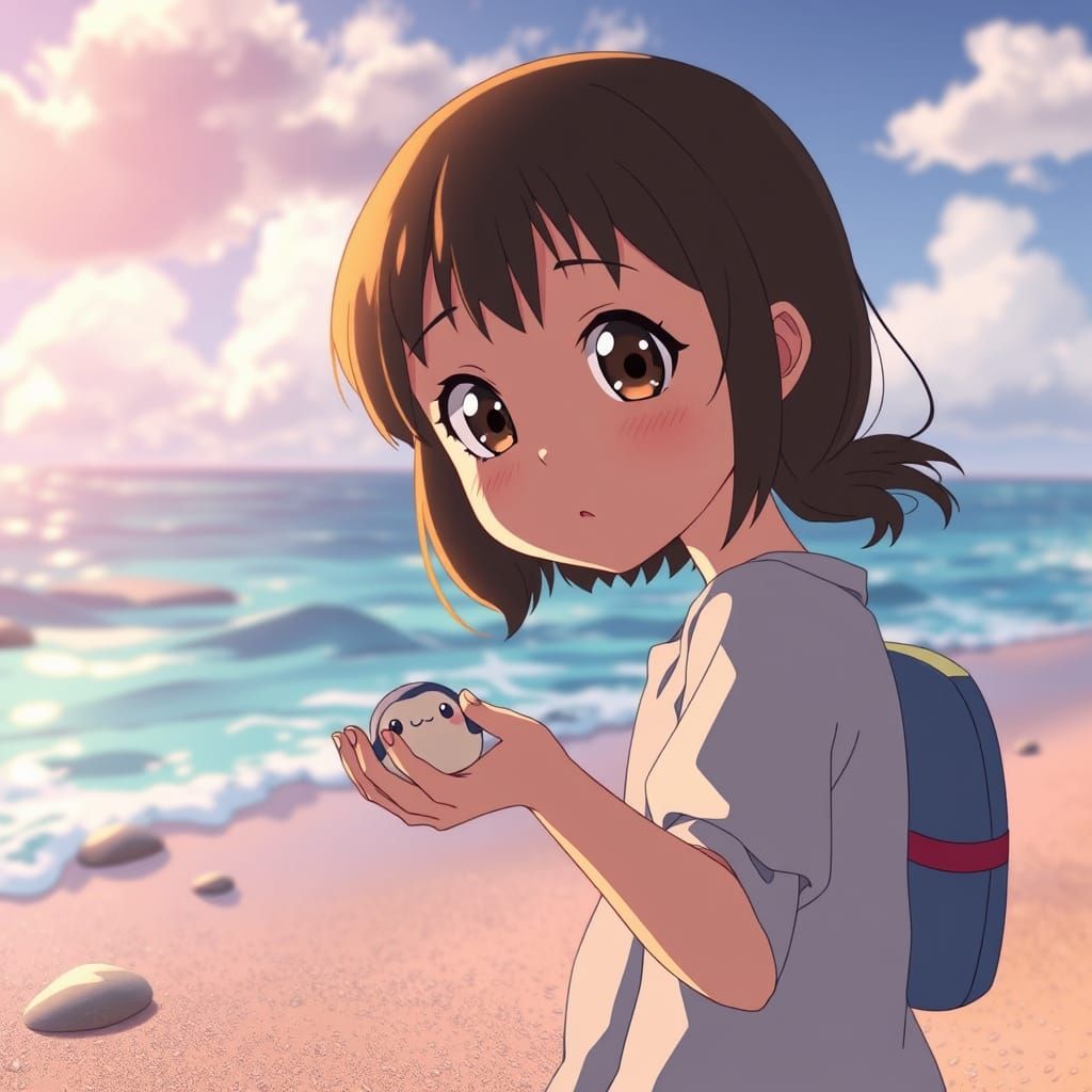 Anime Girl Meets Sea Creature on Sunny Beach