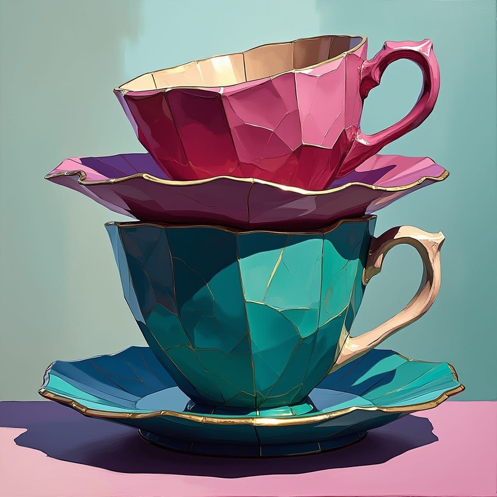 Cubist Teacup Sculpture in Vibrant Teal and Magenta
