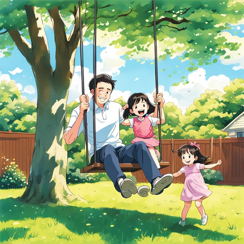 Father and Daughters Play in Sunny Backyard, Anime Style