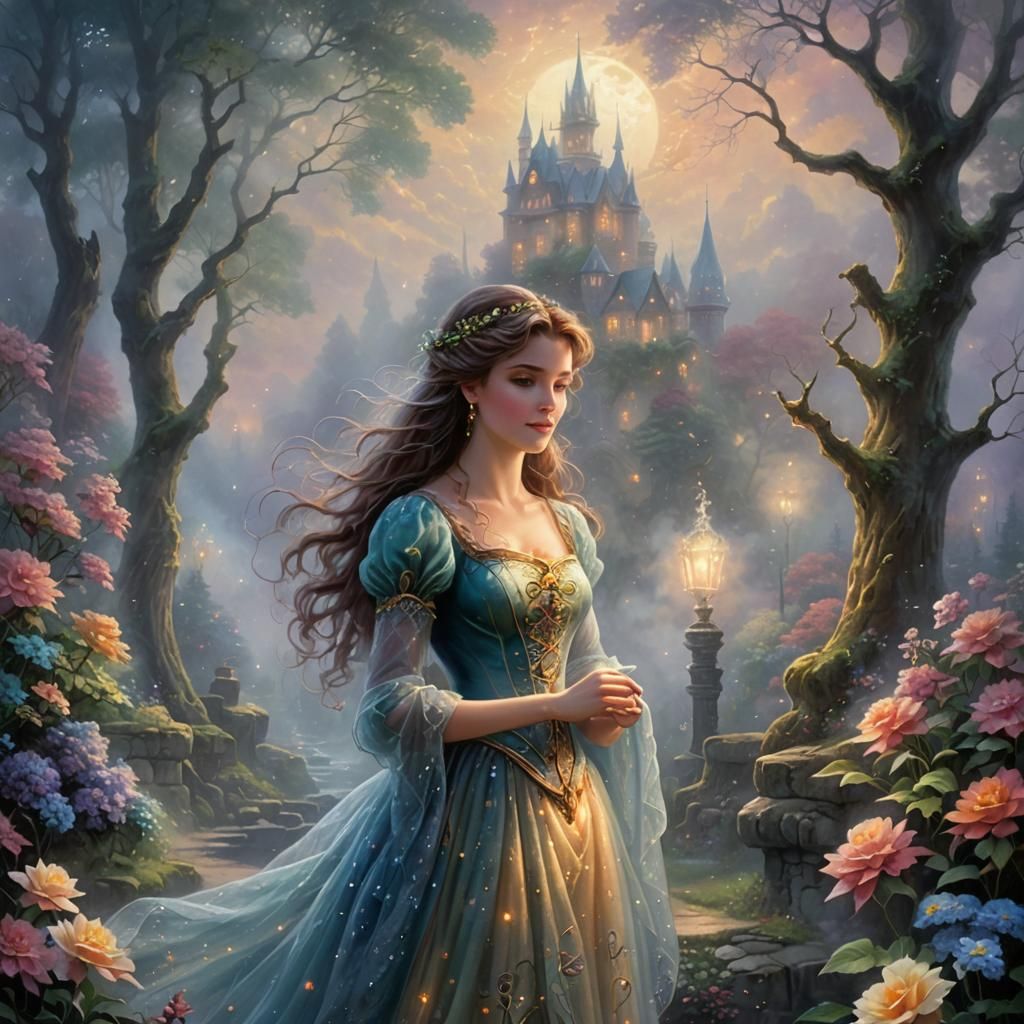 Ethereal Fantasy Forest Scene in Kinkade Style