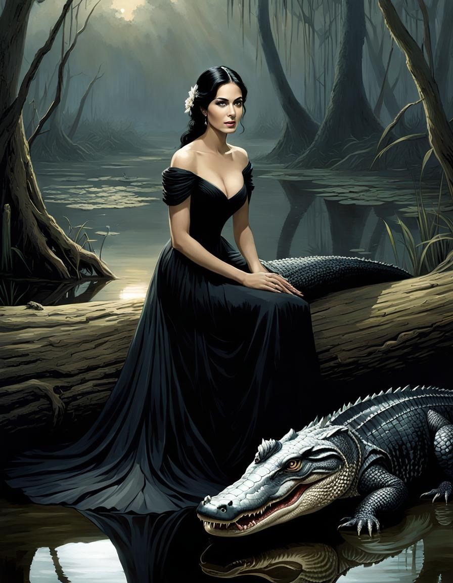 Woman and Alligator in Murky Swamp, Gothic Horror
