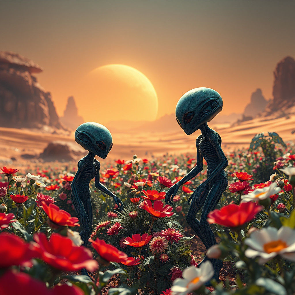 Aliens Cultivating a Flower Garden on Mars