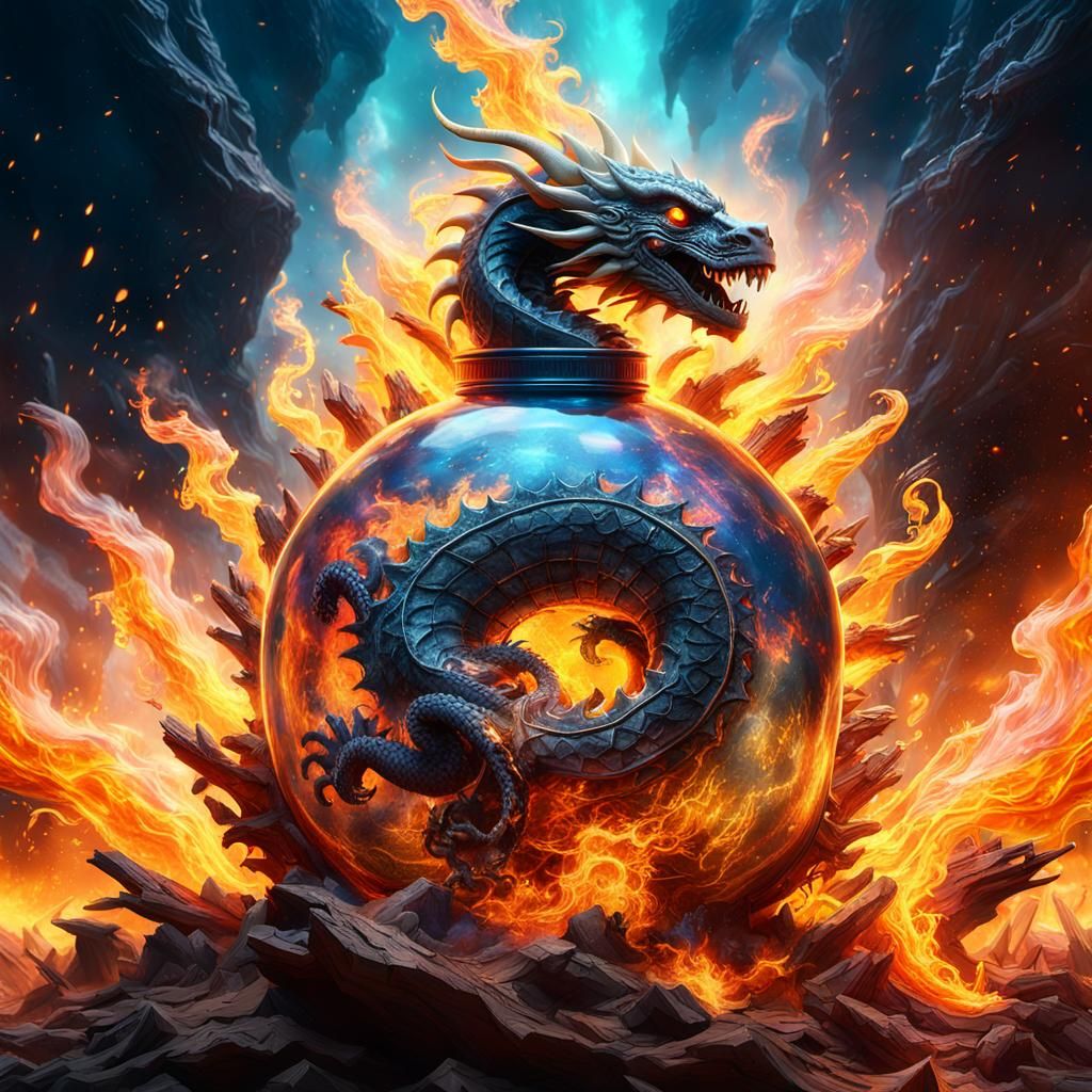 Fiery Dragon Unleashed from Ornate Glass Bottle