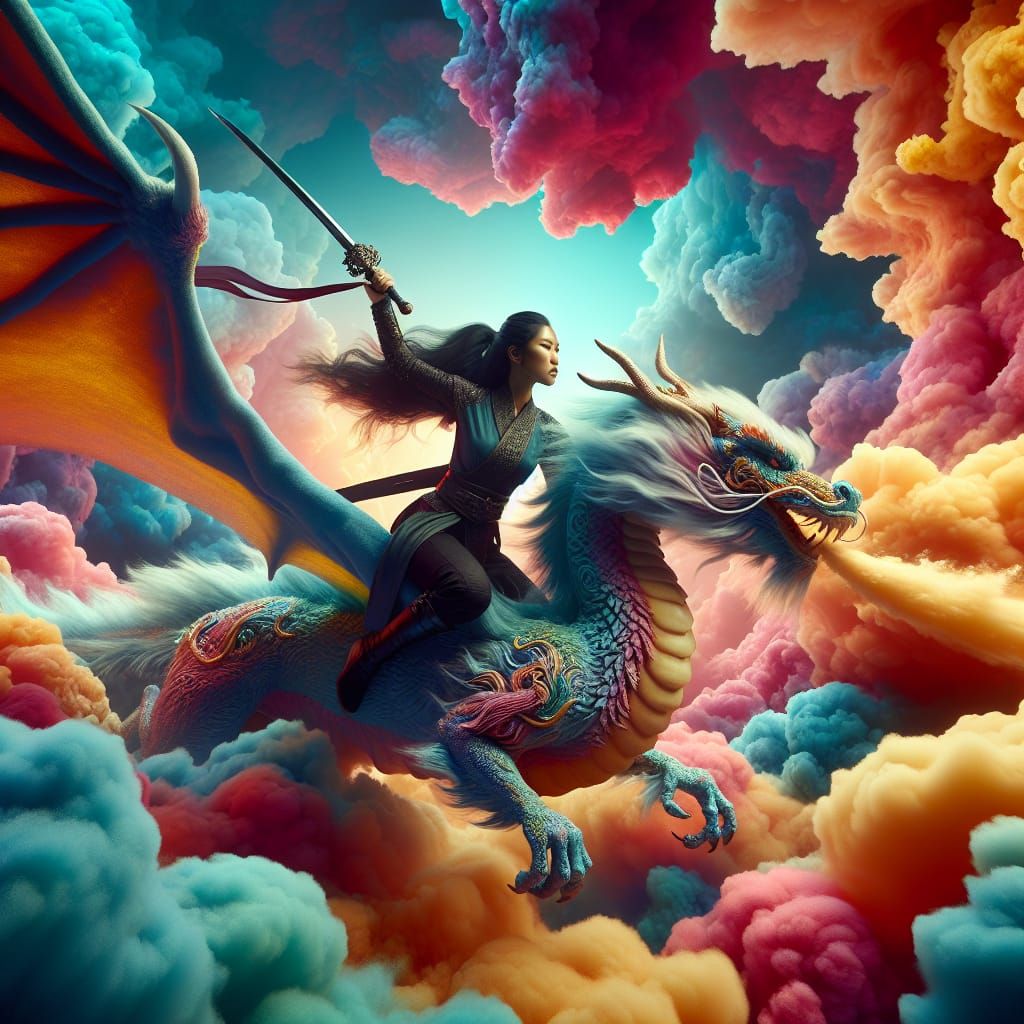 South Asian Warrior Woman Riding a Dragon