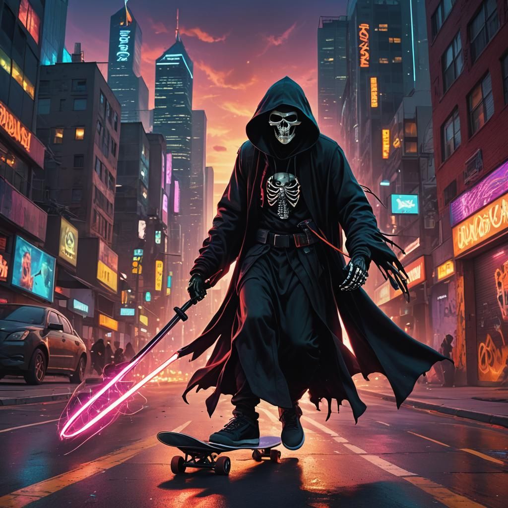 Grim Reaper Skateboarding in a Neon City