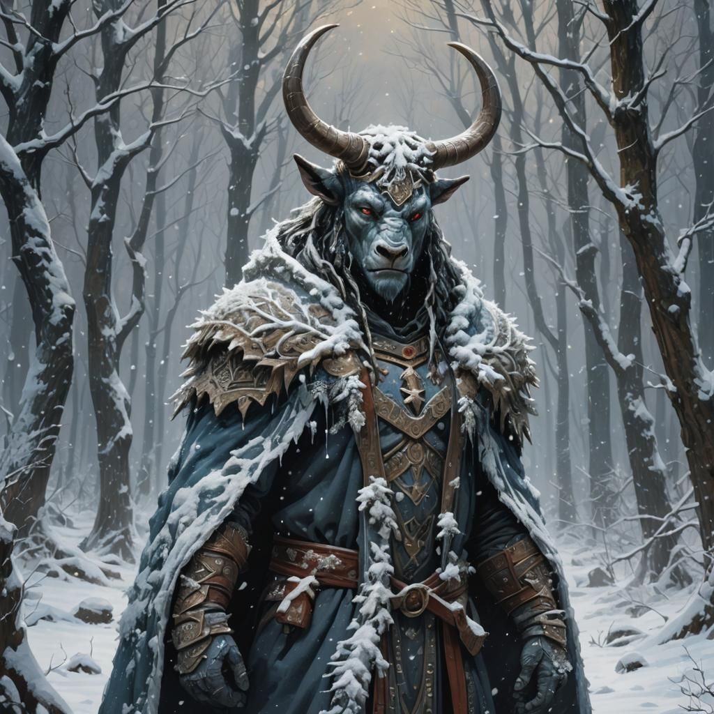 Minotaur in Winter Forest, Fantasy Concept Art