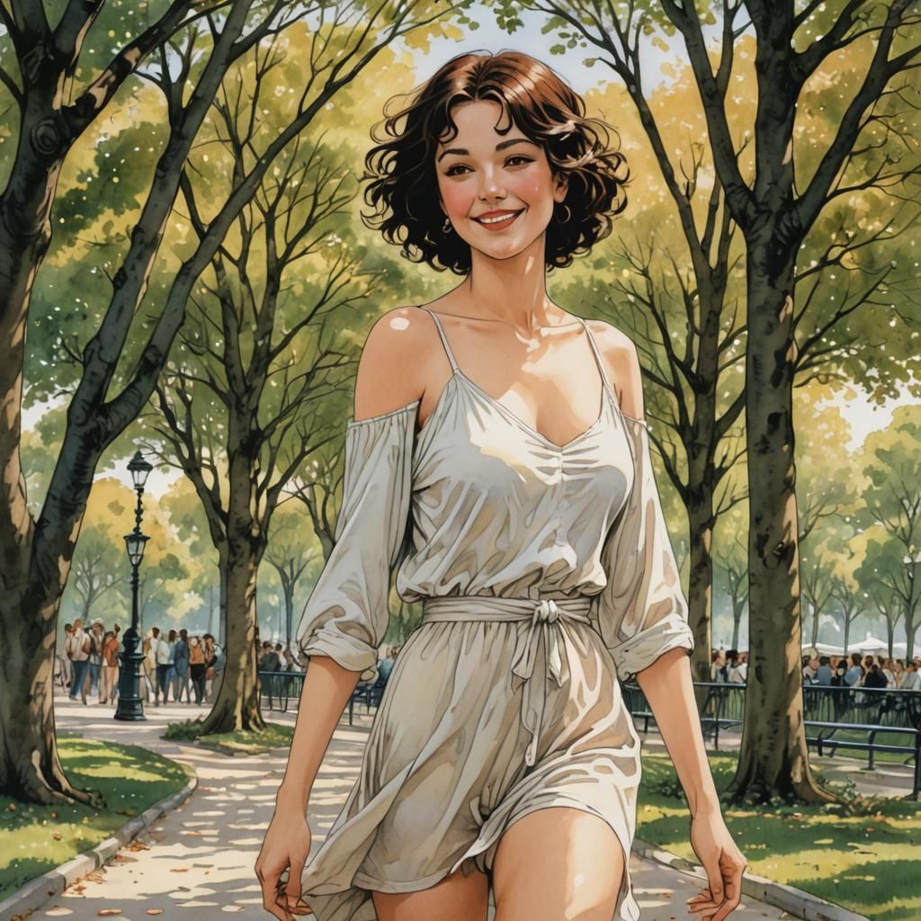 Nude Woman in Parisian Park, Anime Comic Style