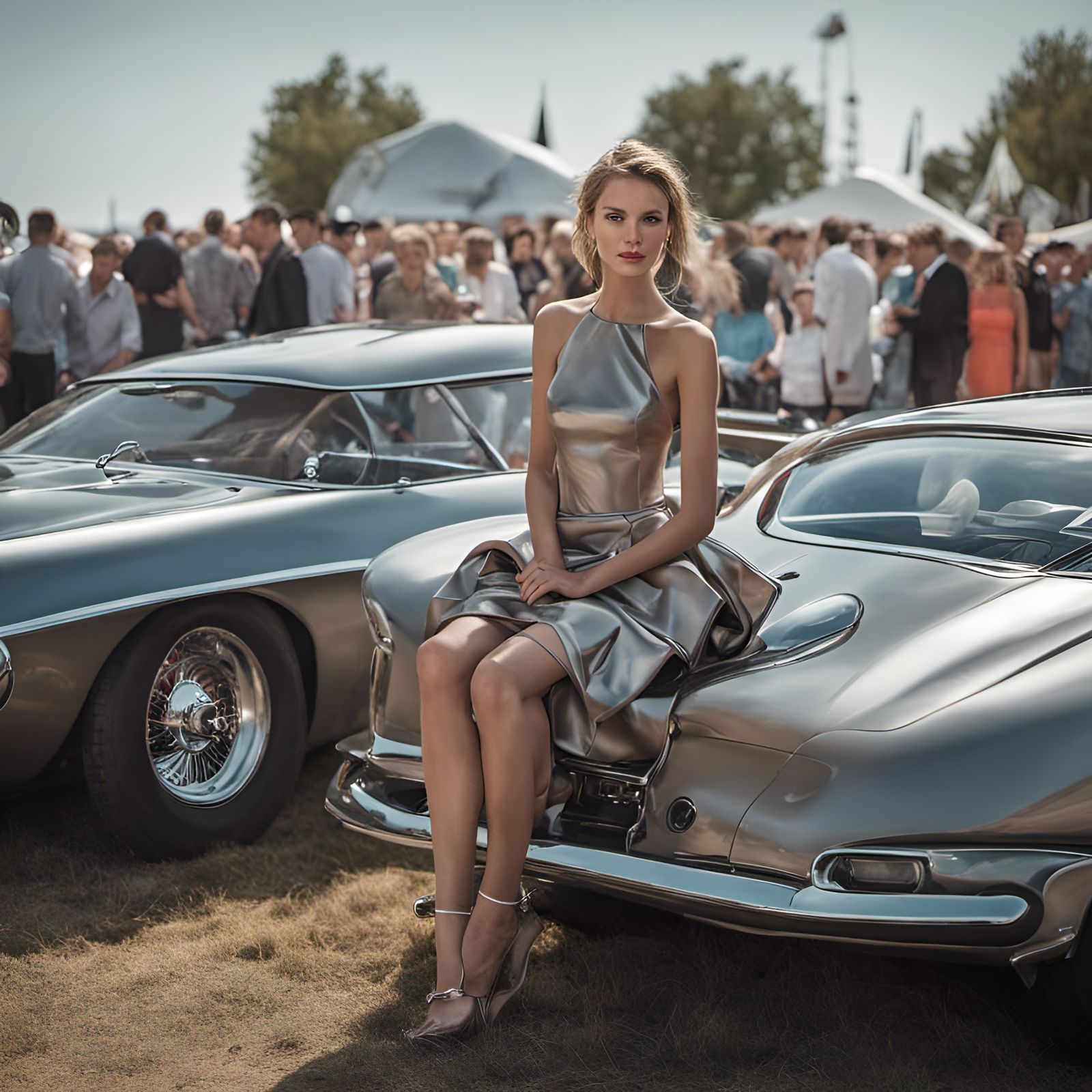 Futuristic Car Show with Humans and Aliens