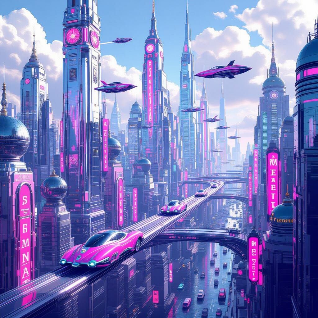 Decopunk Barbiecore Mega-City with Flying Cars