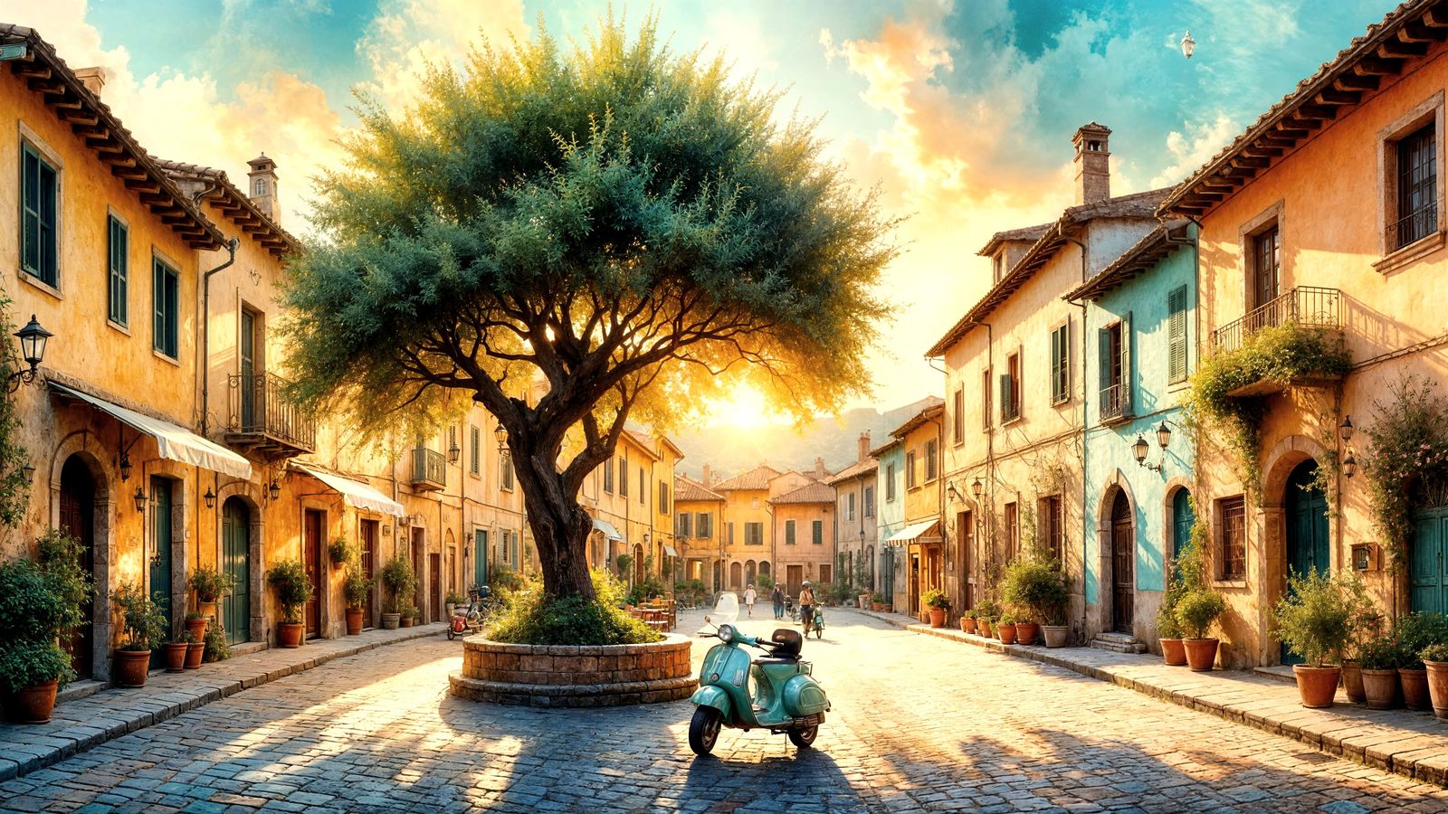 Italian Village Morning Scene with Olive Tree and Vespa