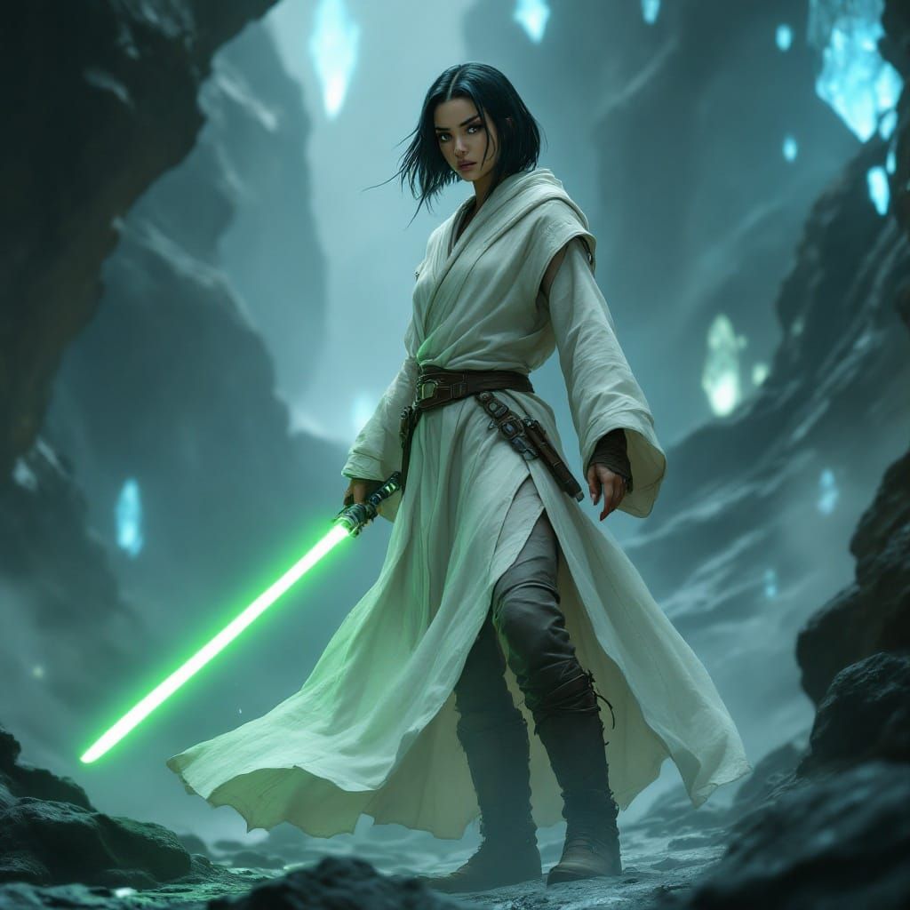 Surreal Jedi Knight Stands Resolute in a Shadowy Cave