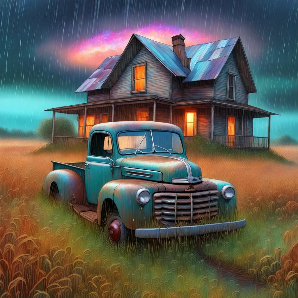 Old Farmhouse and Truck in Astral Cosmic Style