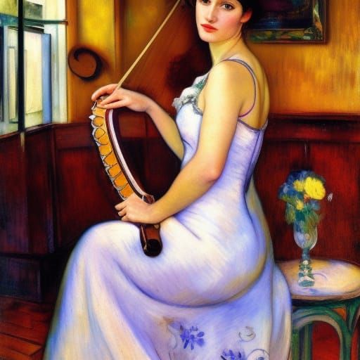 Playing an instrument she invented