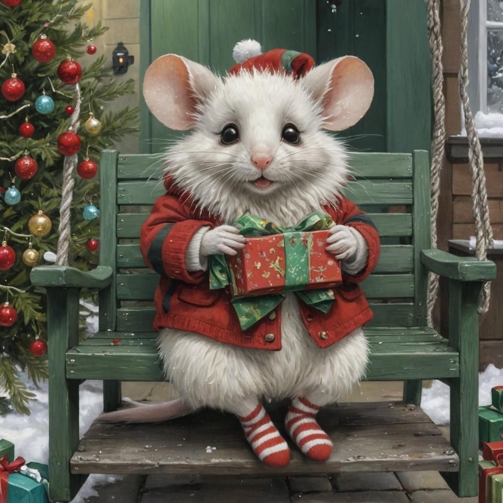 Festive Christmas Mouse on Porch Swing