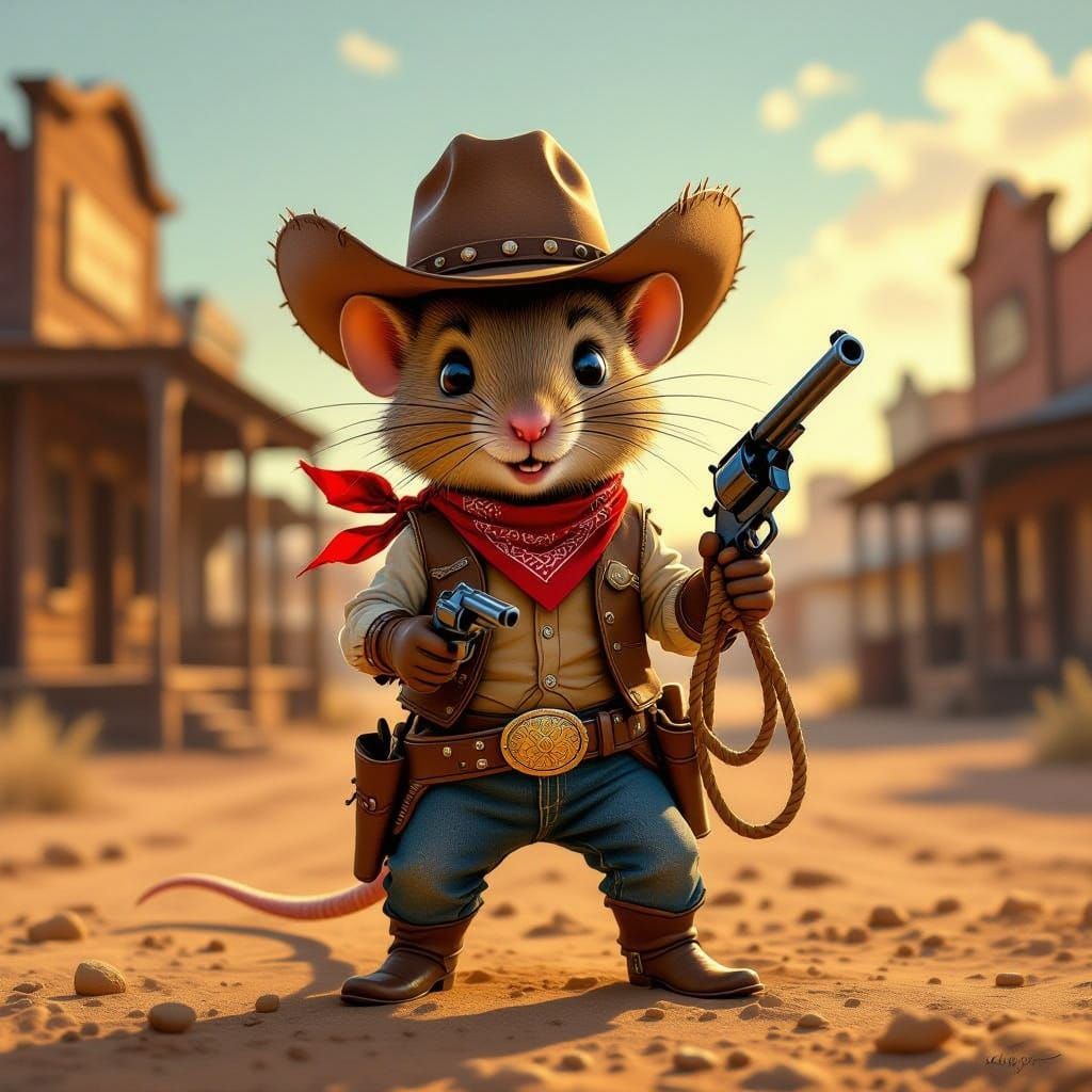 Brave Cowboy Mouse in Old Western Town