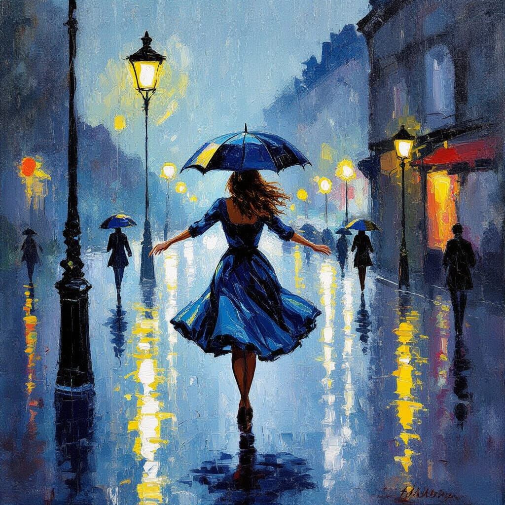 Woman Dancing in Rainy City Streetlamp Light