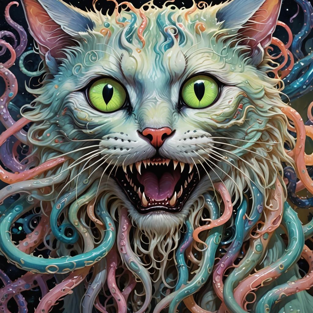 Eldritch Horror Cat with Tentacles and Glowing Maw