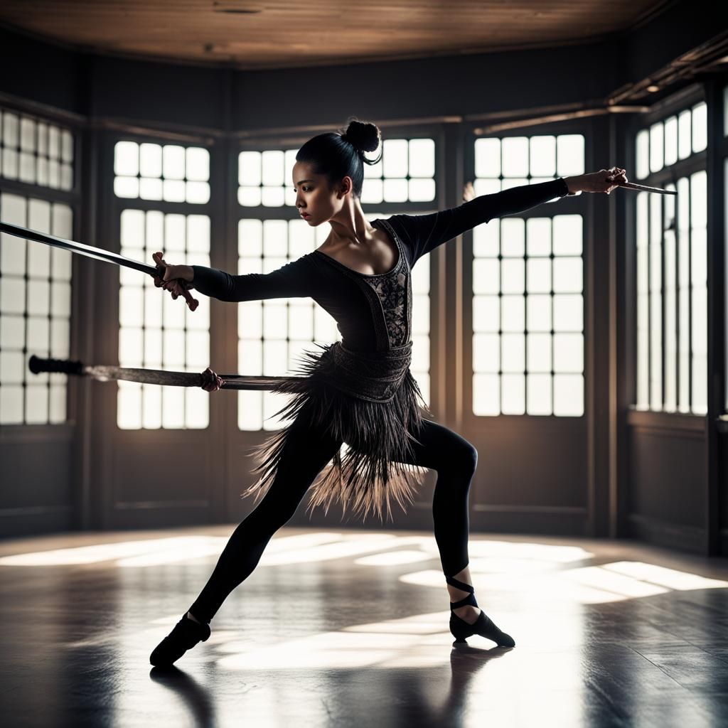 Ballerina Ninja with Samurai Sword in Dance Studio