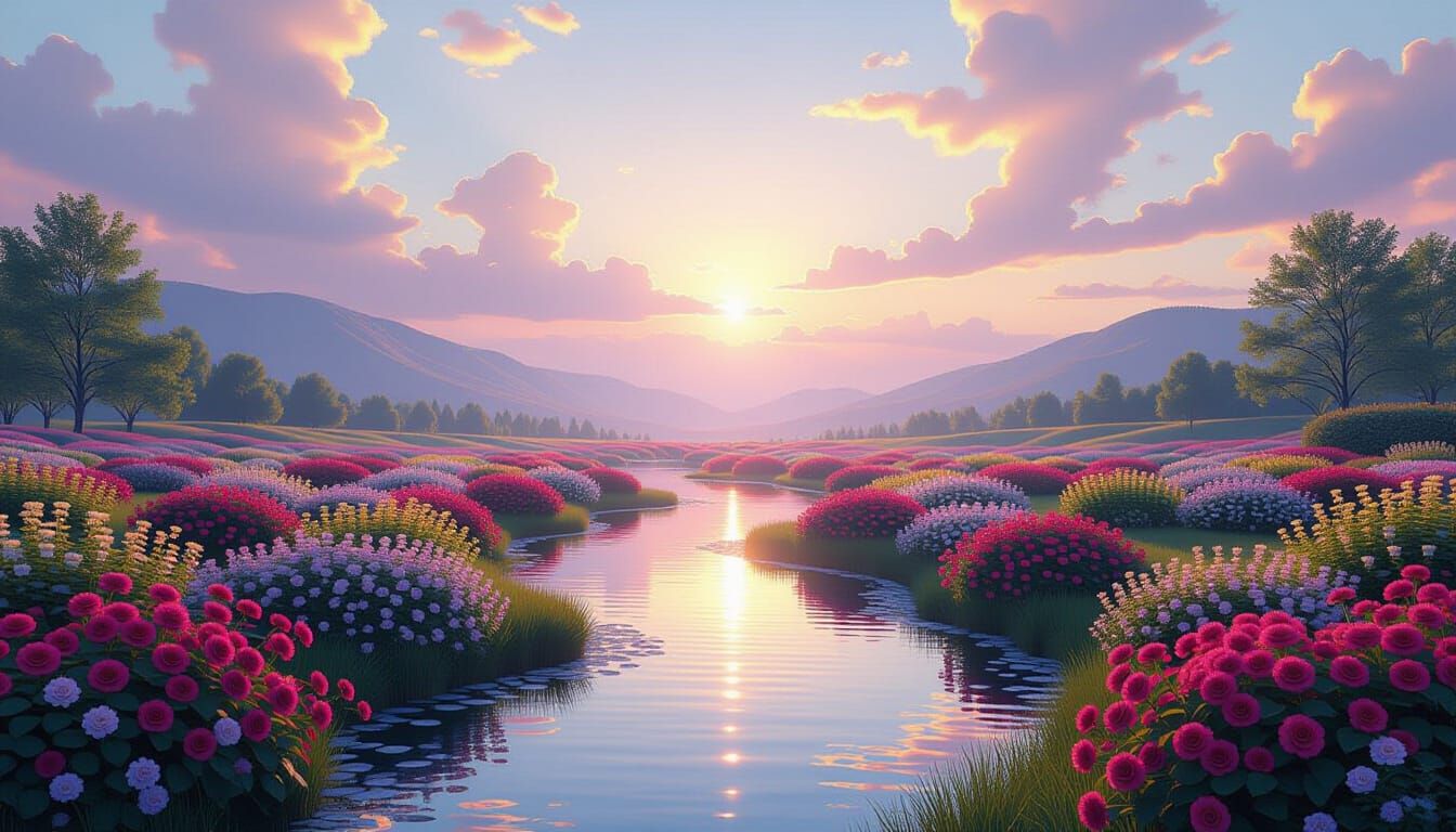 Infinite Garden Vista with Celestial Rivers of Light