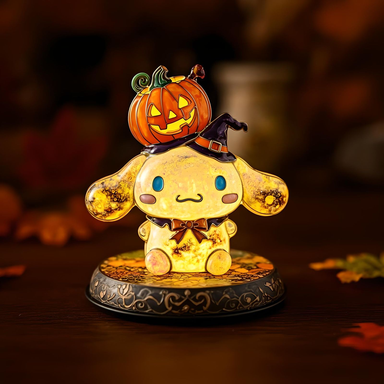 enameled glass sculpture of a jack-o-lantern version of cinnamoroll, halloween themed