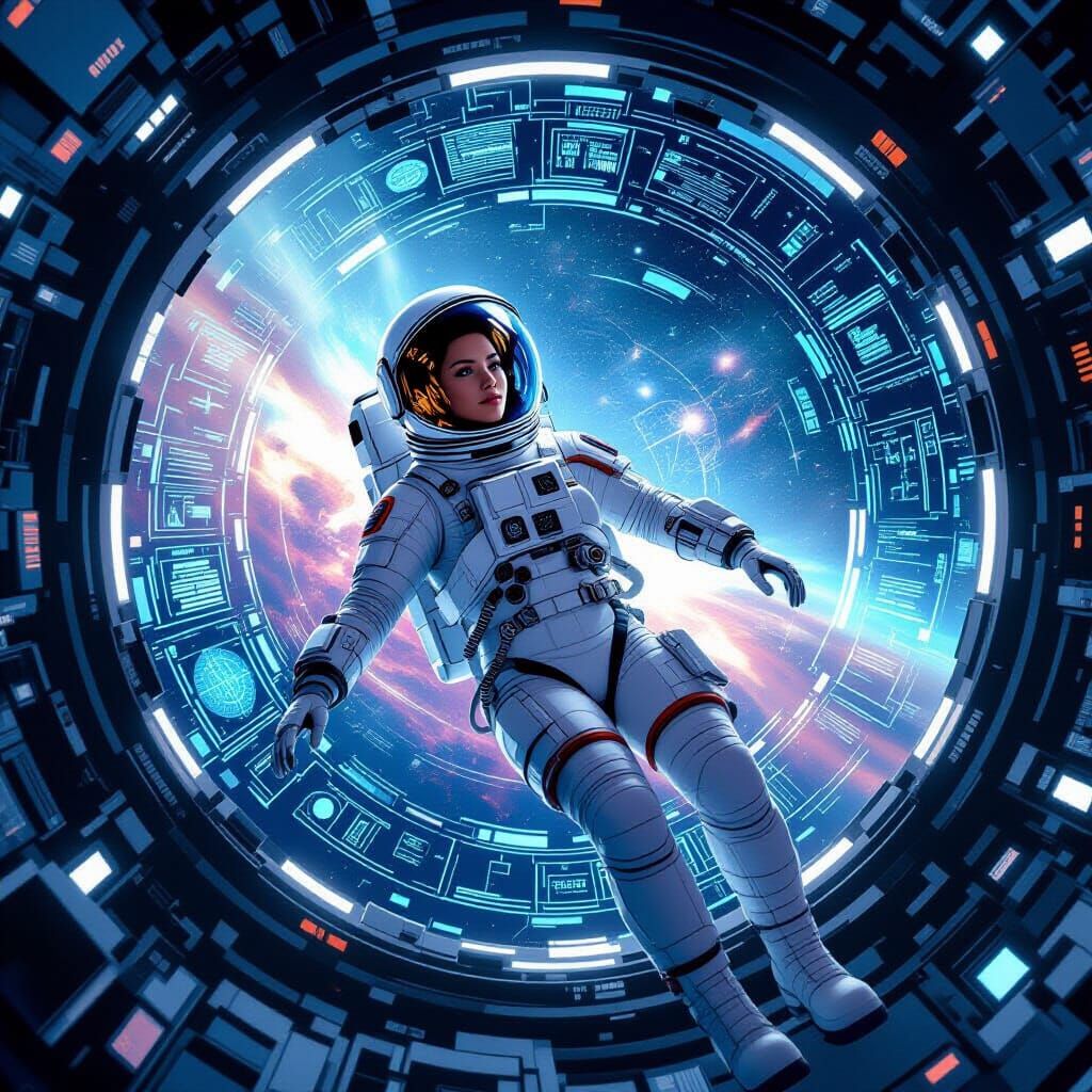 Astronaut Floats Weightlessly in Futuristic Spaceship