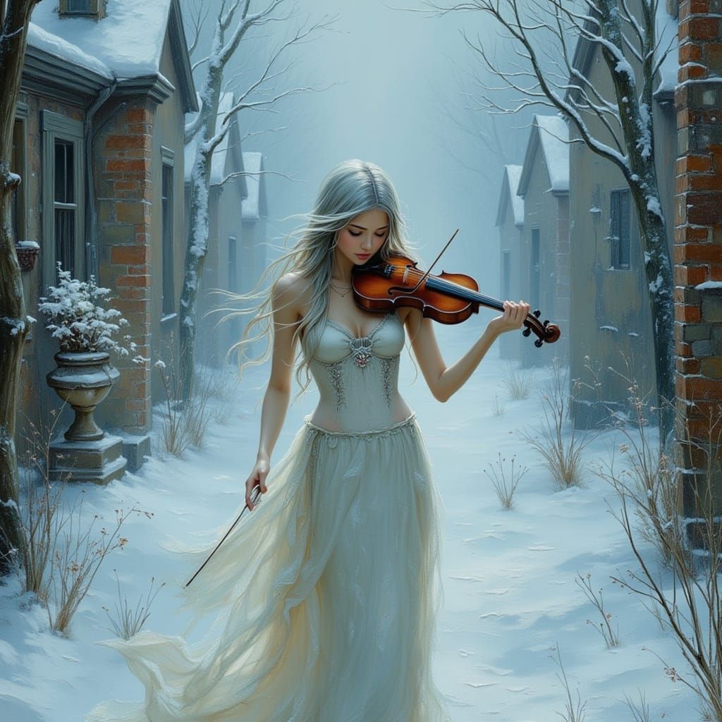 Ethereal Violinist in Ghostly Winter Village