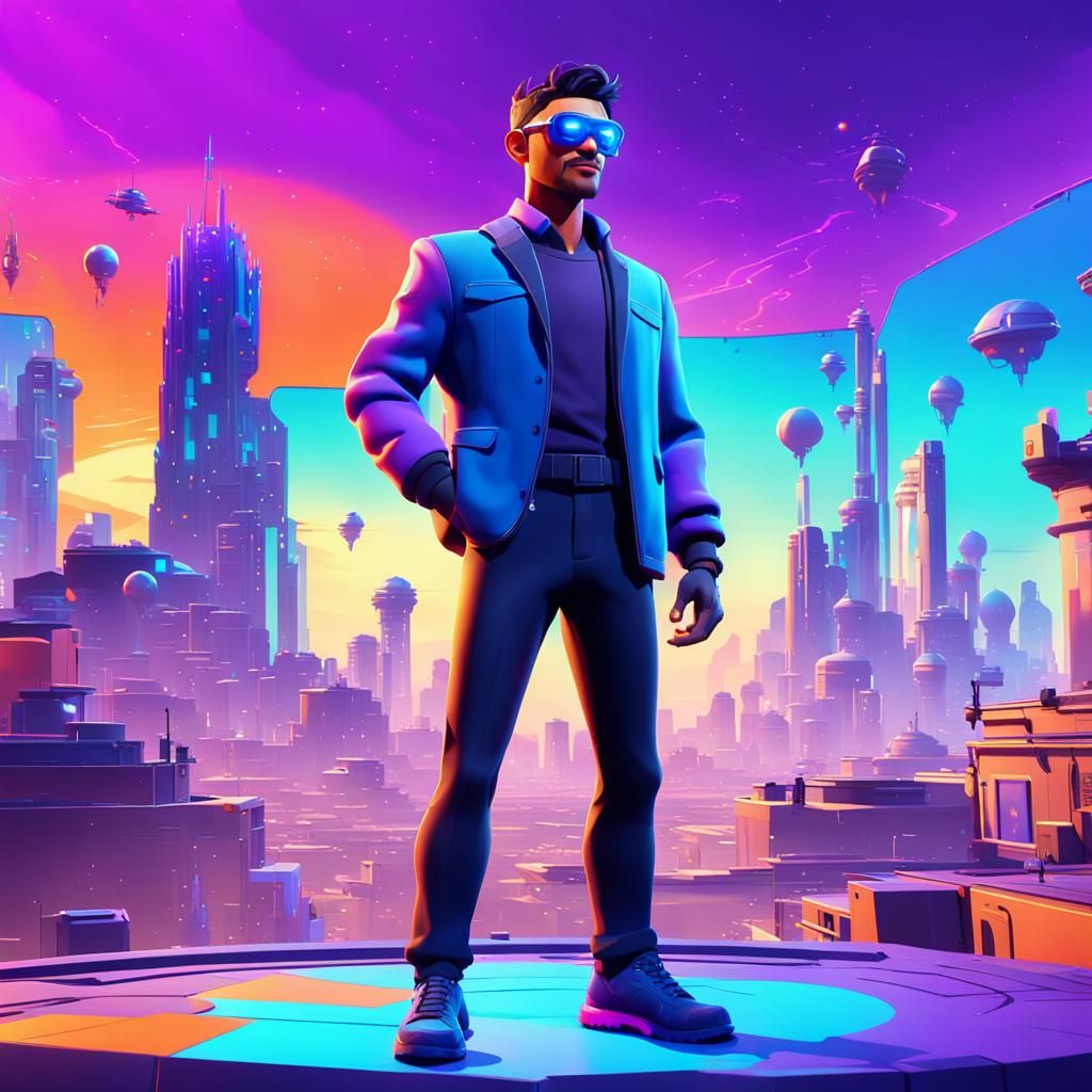 Fortnite Character in Pixar-Style Sci-Fi Cityscape