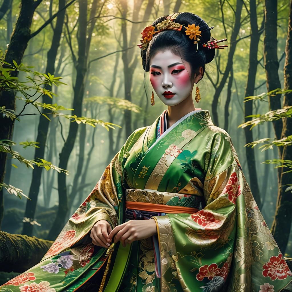 Fantasy Geisha in Ornate Kimono, Detailed Concept Art