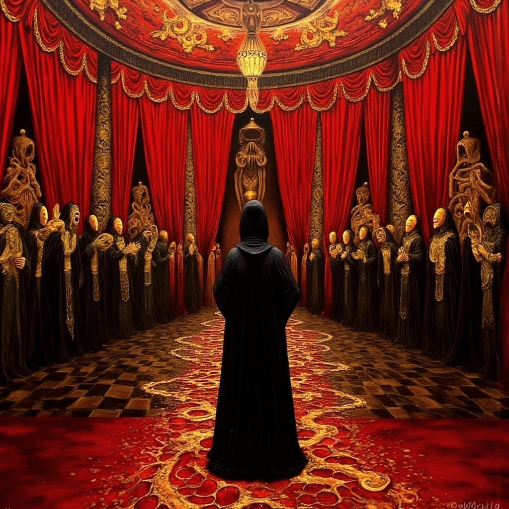 Masked Ball Ritual in Dark Surrealist Baroque Style