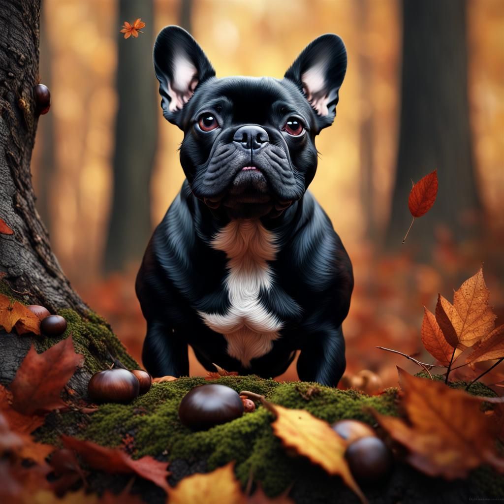 Black French Bulldog in Autumnal Woodland: Hyperrealistic Ph...