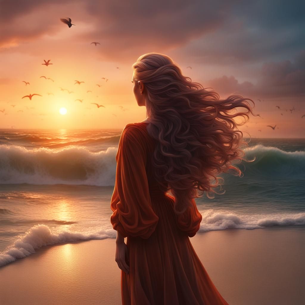 Sunset Beach Woman: Fantasy Concept Art