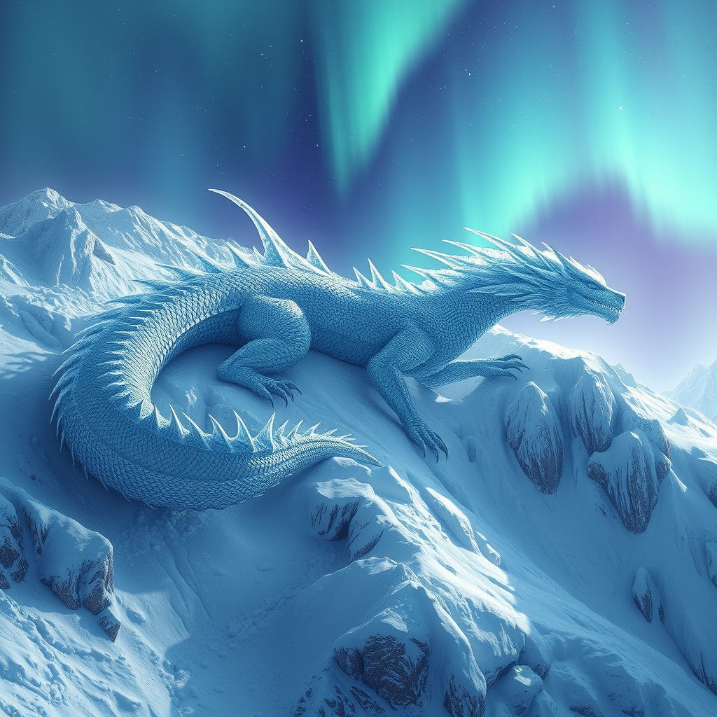 Ice Dragon on Snowy Mountain, Digital Matte Painting