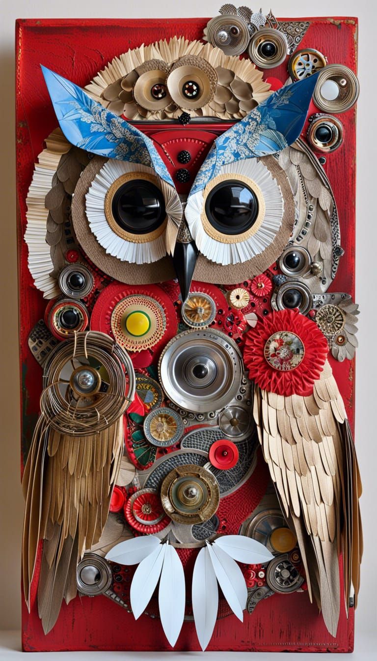 Owl Assemblage Art with Recycled Materials